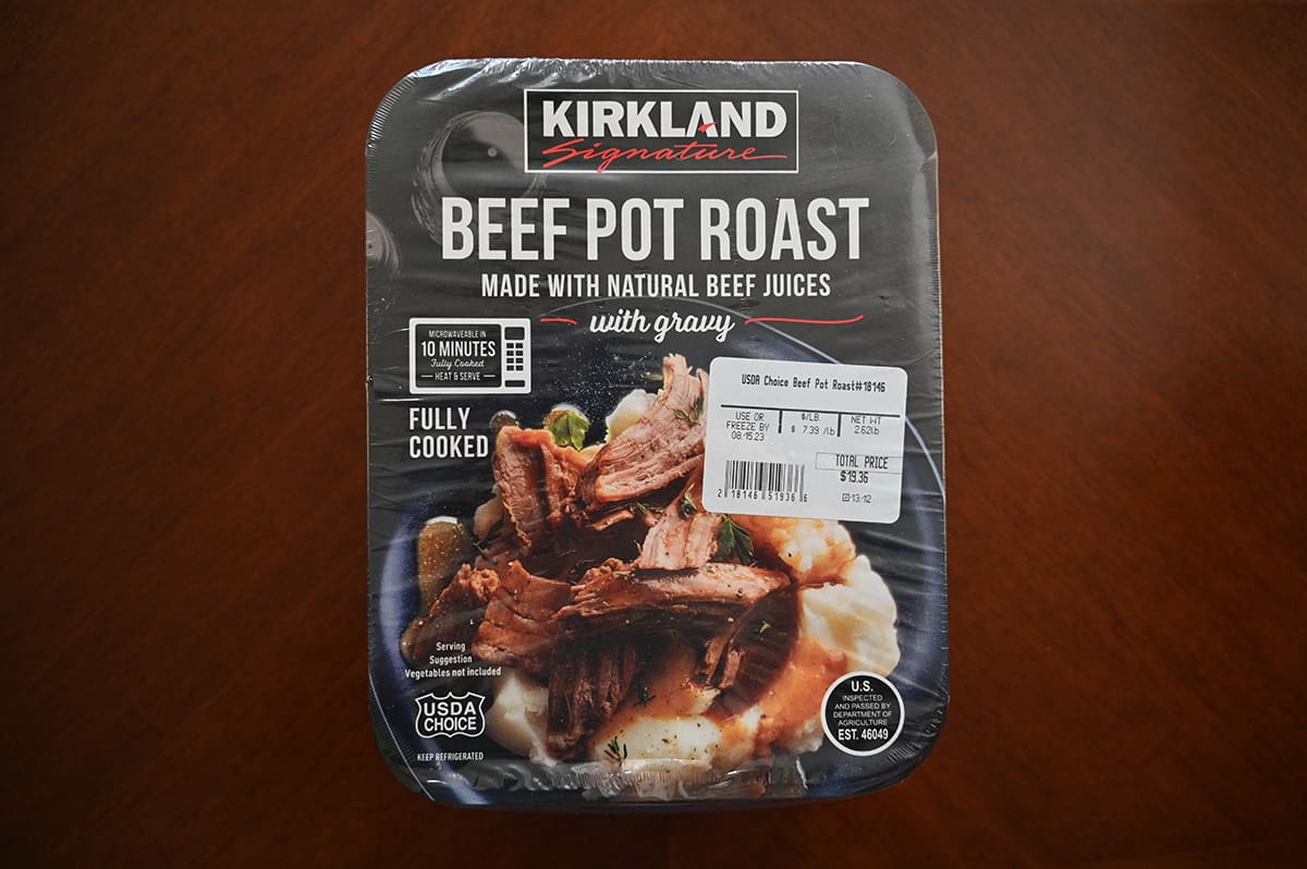 Top down image of the Costco Kirkland Signature Beef Pot Roast package sitting on a table.
