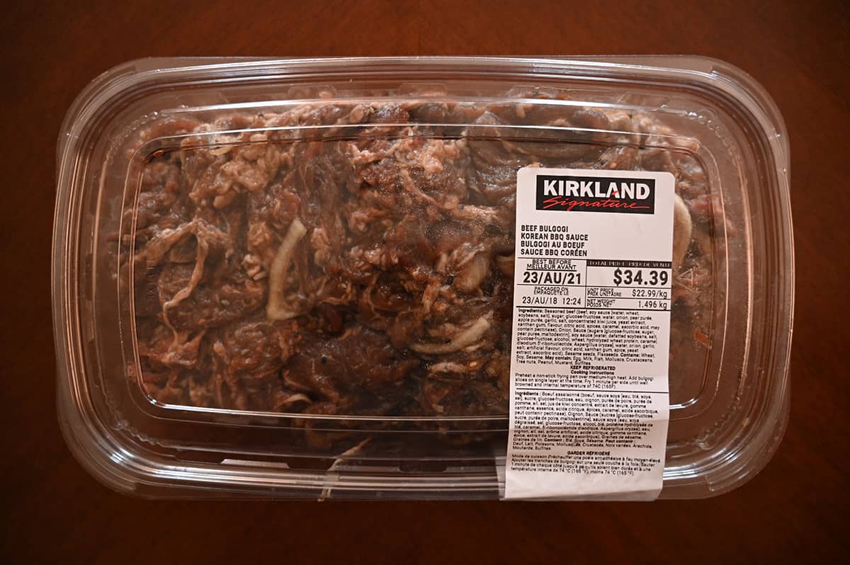 Top down image of the package of the Costco Kirkland Signature Beef Bulgogi sitting on a table.