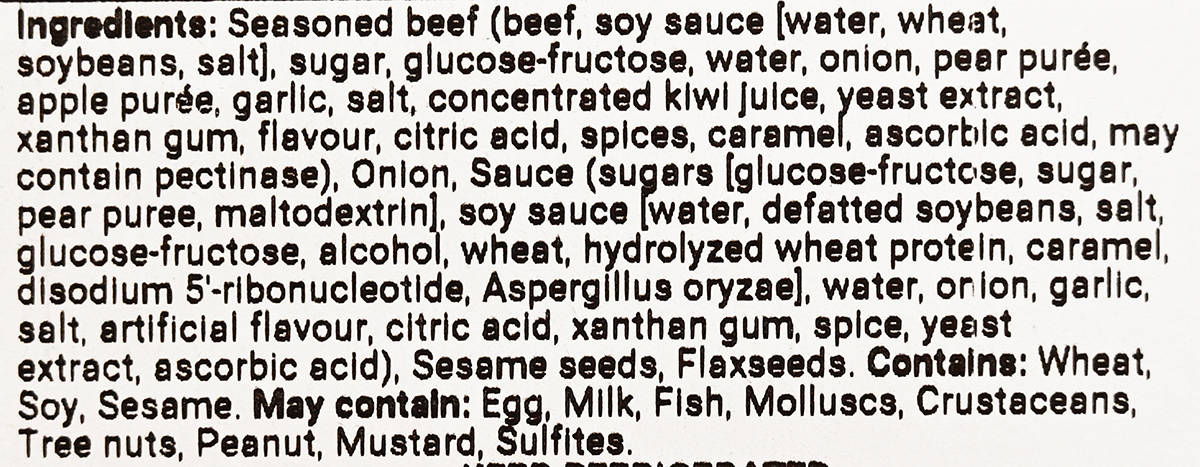 Image of the ingredients list for the beef bulgogi.