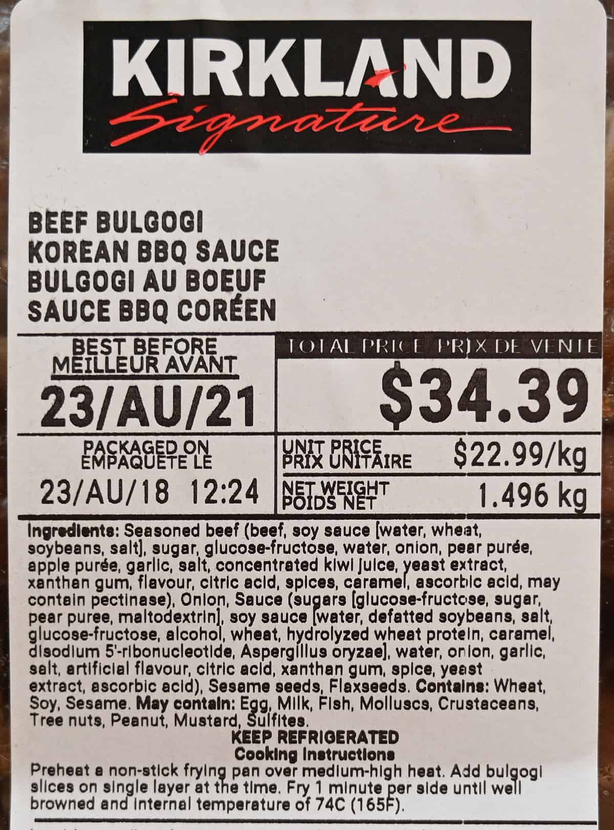 Closeup image of the front label for the bulgogi showing the best before date and cost.