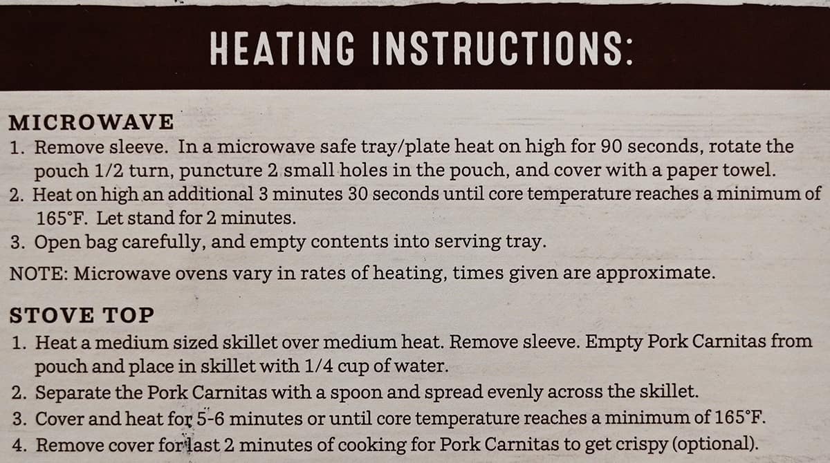 Image of the heating instructions for the pork from the package.