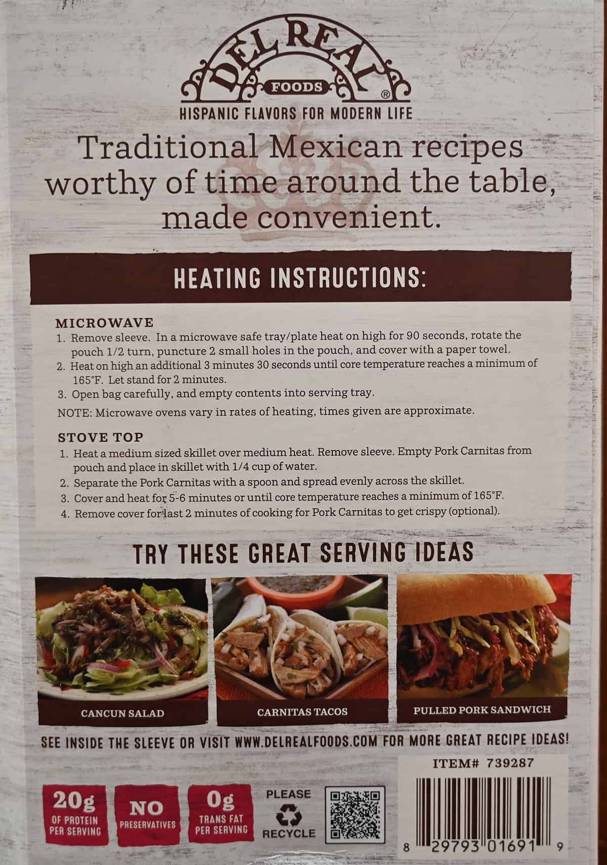 Image of the back of the package of the pork carnitas showing heating instructions and pictures on how to use the carnitas.