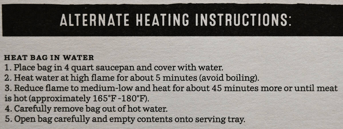 Image of the heating instructions for heating the bag of pork in water from the package.