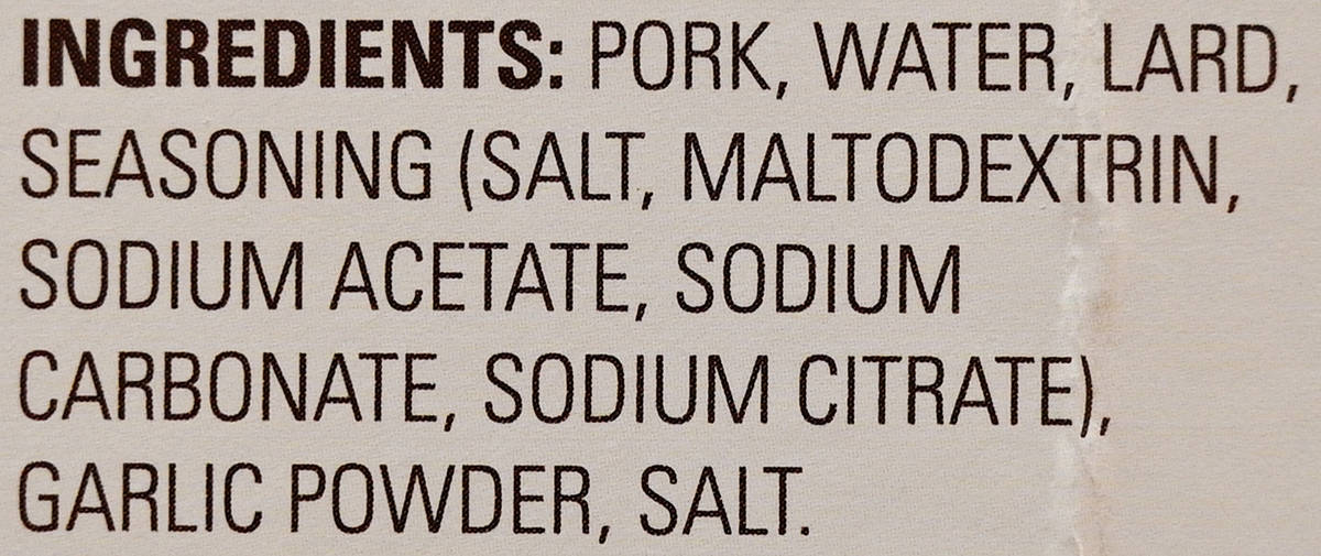 Image of the ingredients list of the ingredients for the carnitas from the back of the box.