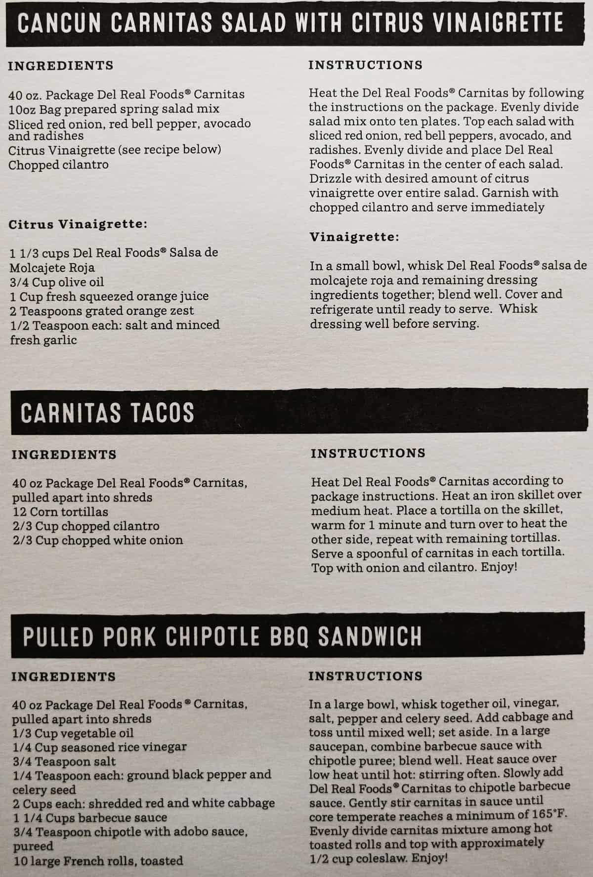 Image of recipe ideas for how to use the carnitas from the back of the box.