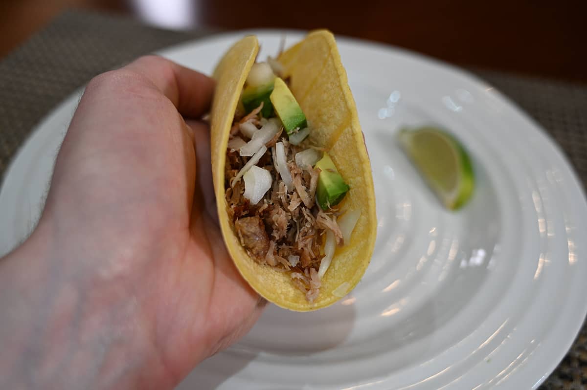 Side view image of hand holding a carnita taco with avocado and onion in it. 