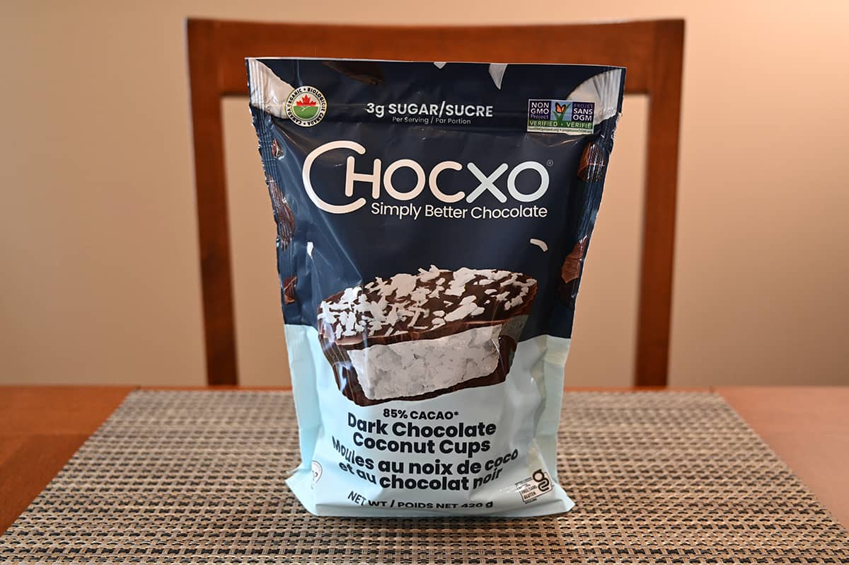 Image of the Costco Chocxo Dark Chocolate Coconut Cups bag sitting on a table.