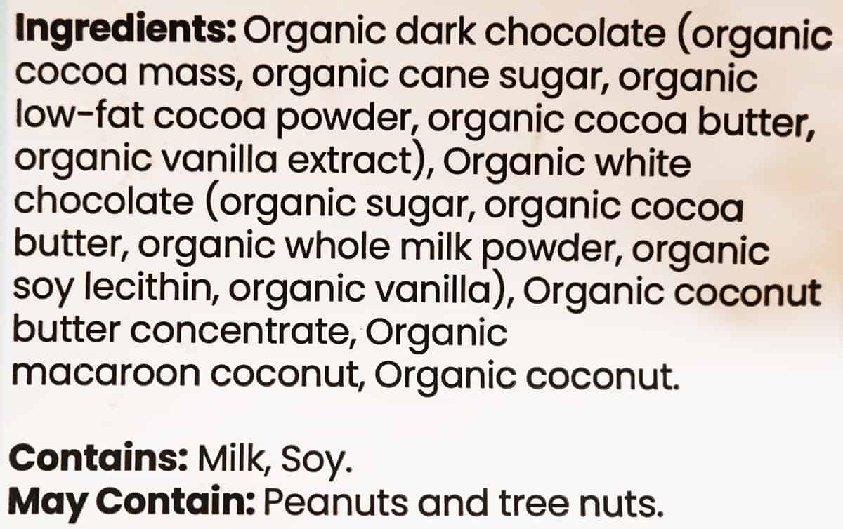 Image of the ingredients list for the coconut cups from the back of the bag.