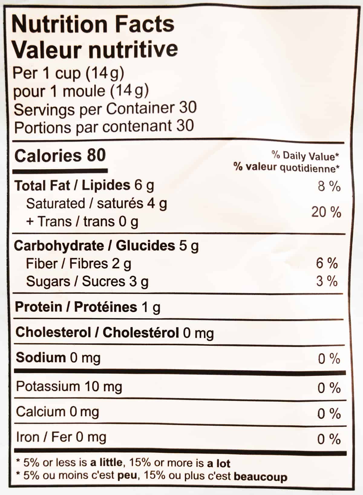 Image of the nutrition facts for the coconut cups from the back of the bag.