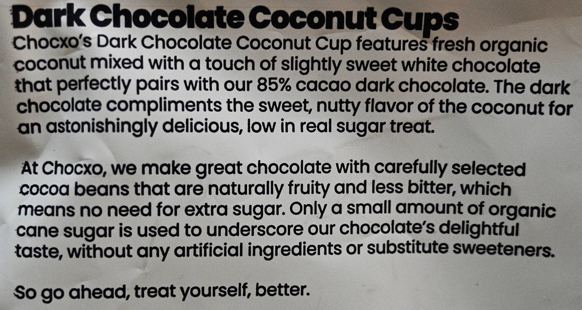 Image of the back of the coconut cups bag showing the product and company description.