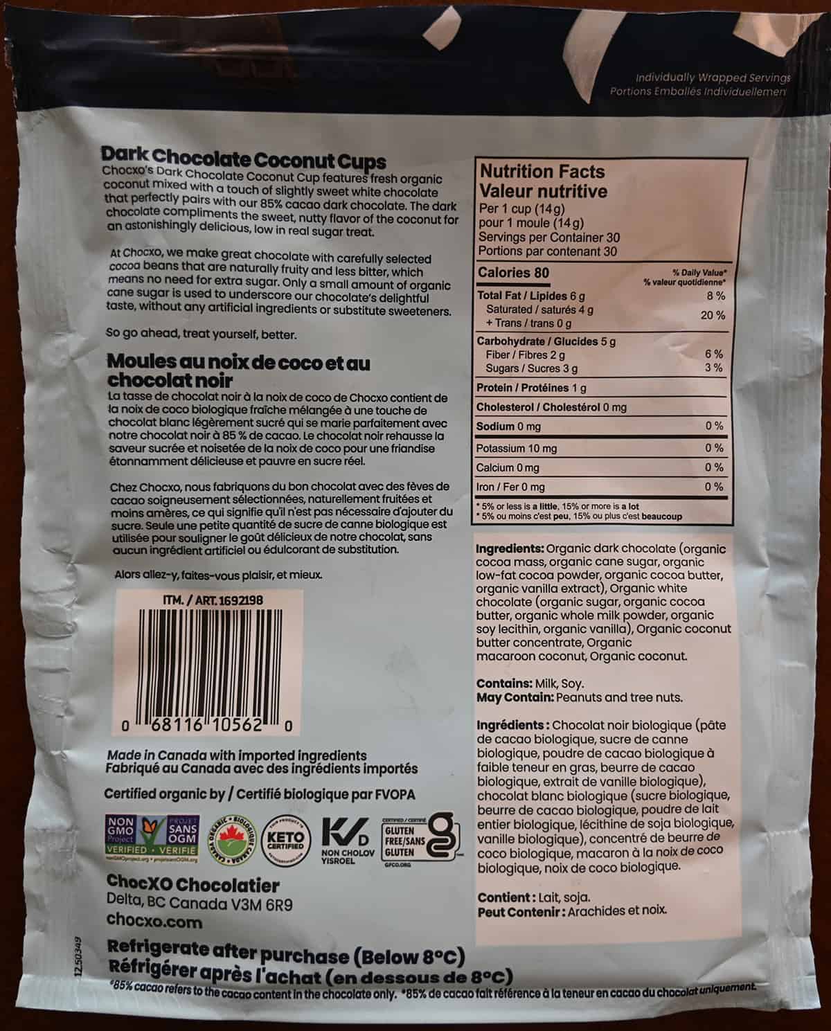 Image of the back of the coconut cups bag showing ingredients, nutrition facts, made in Canada, they're gluten-free, keto, Non-GMO. 