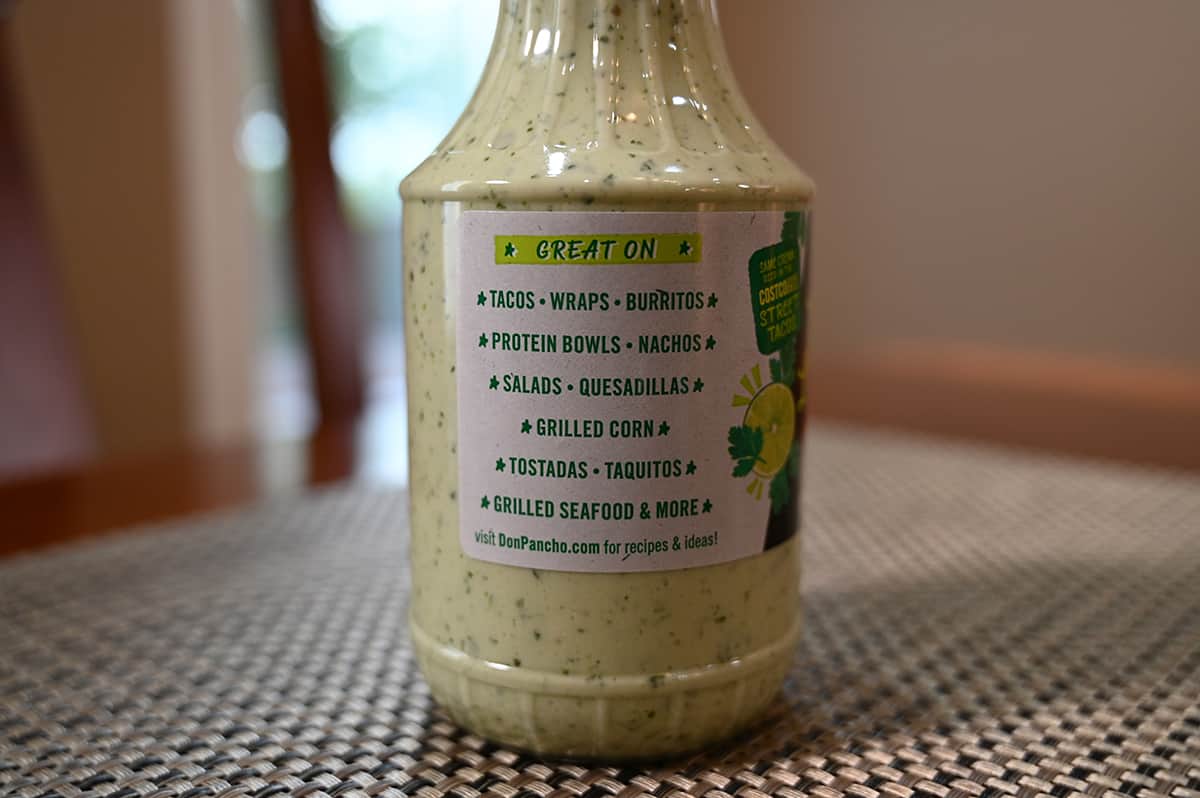 Image of the back of one bottle of crema giving serving suggestions on how to use it.