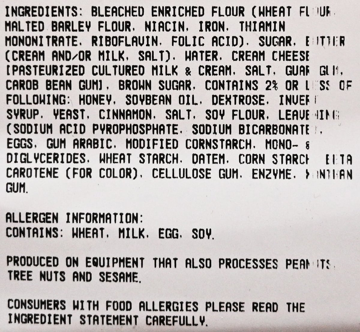 Image of the cinnamon roll ingredients from the package.