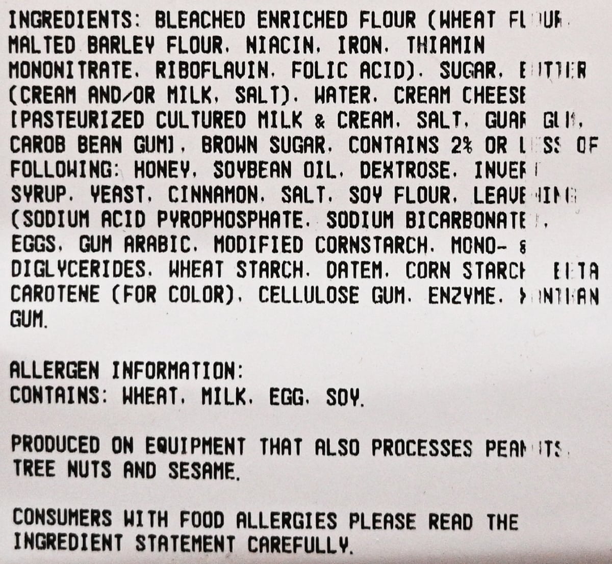 Image of the cinnamon roll ingredients from the package.