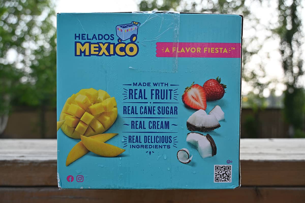 Closeup image of the side of the Helados Mexico Ice Cream Bars box that says they're made with real fruit, cane sugar and cream.