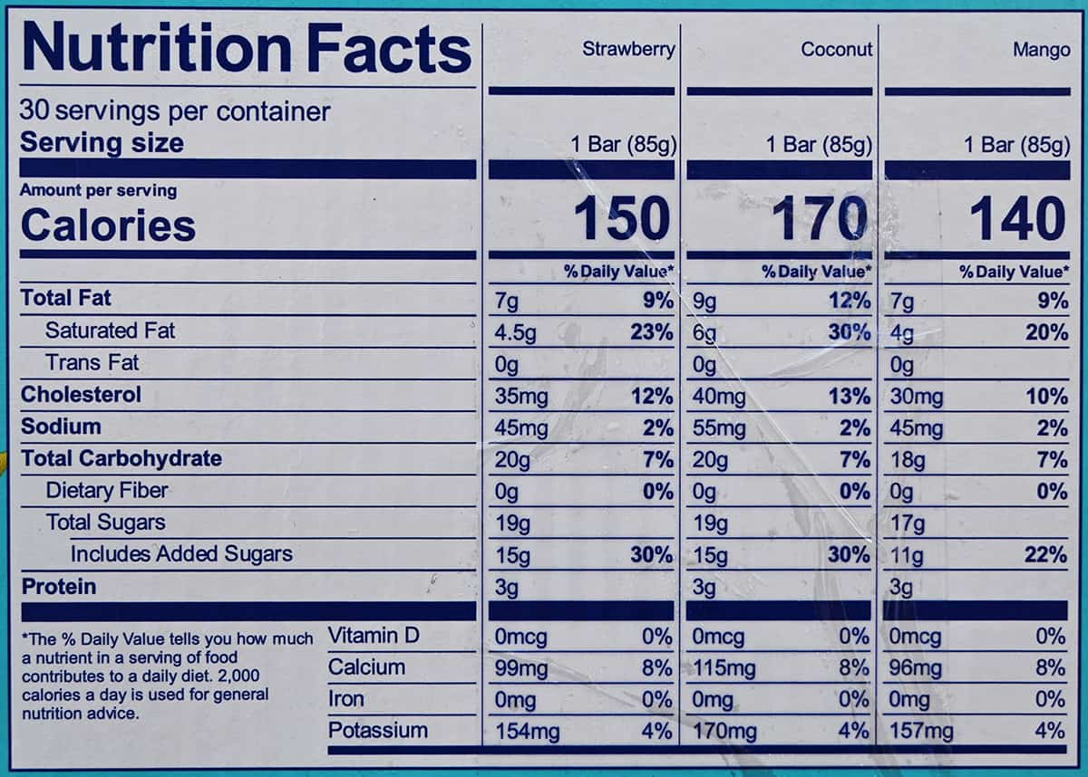 Image of the nutrition facts for the bars from the box.