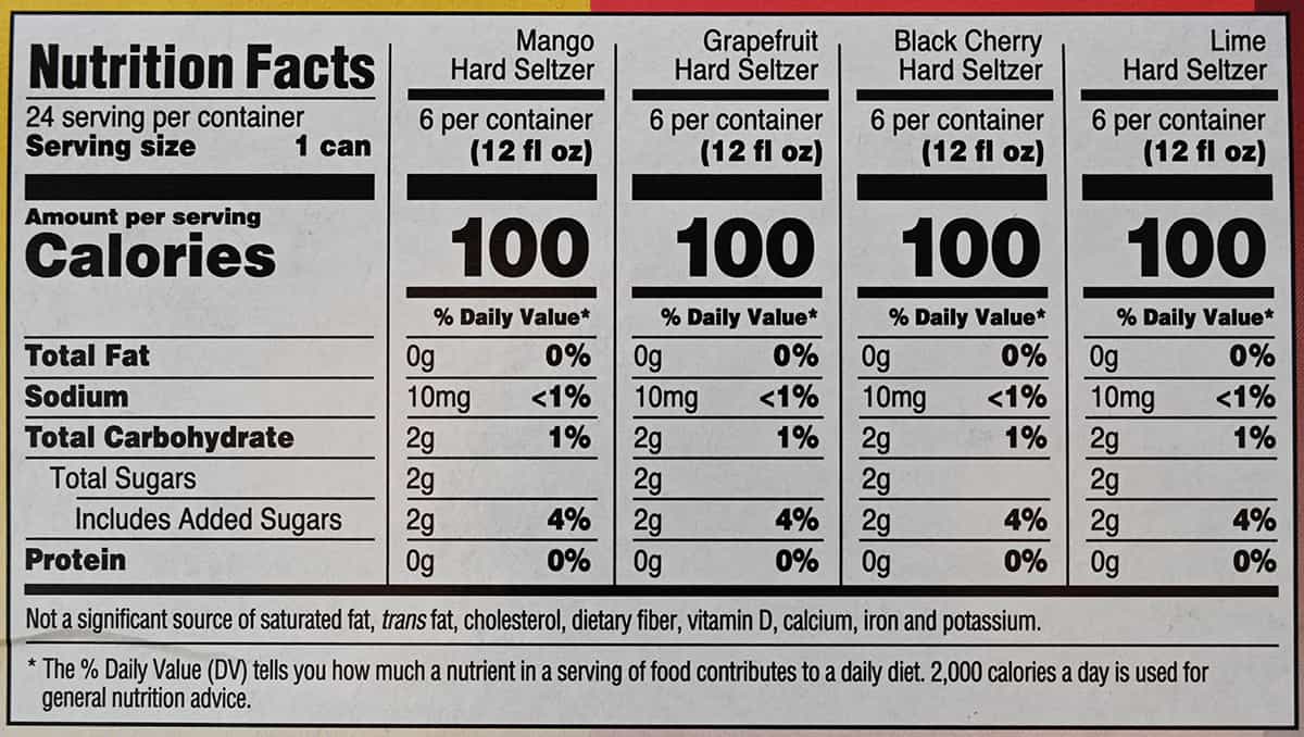 Image of the nutrition facts for the hard seltzer from the back of the box.