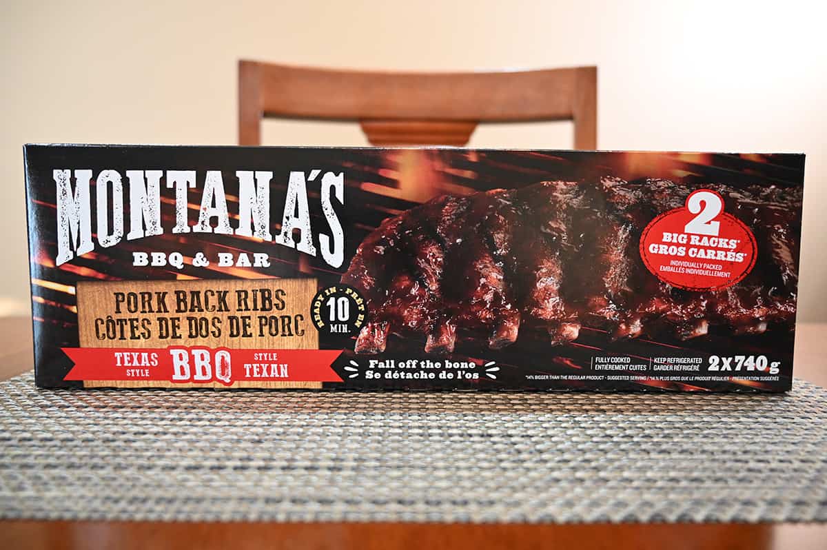 Image of the Costco Montana's Texas Style Pork Back Ribs box sitting on a table.