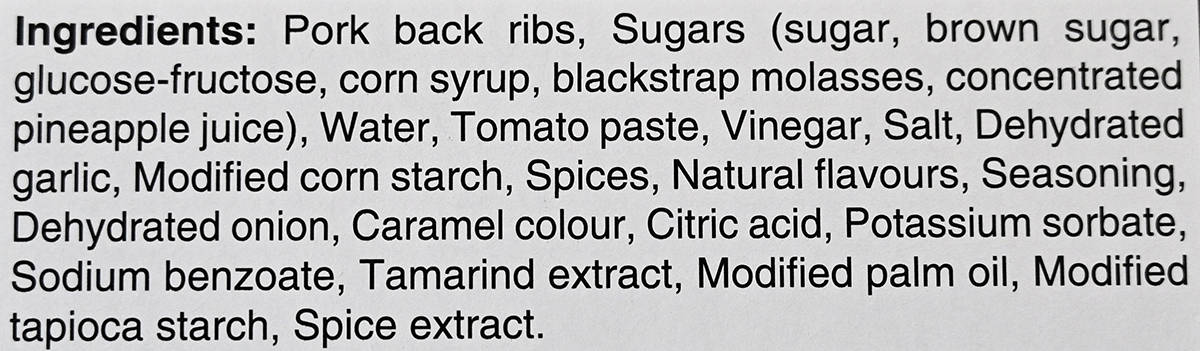 Image of the ingredients list for the ribs from the back of the box.