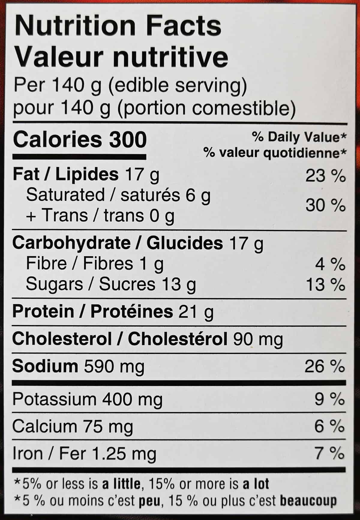 Image of the nutrition facts for the ribs from the back of the box.