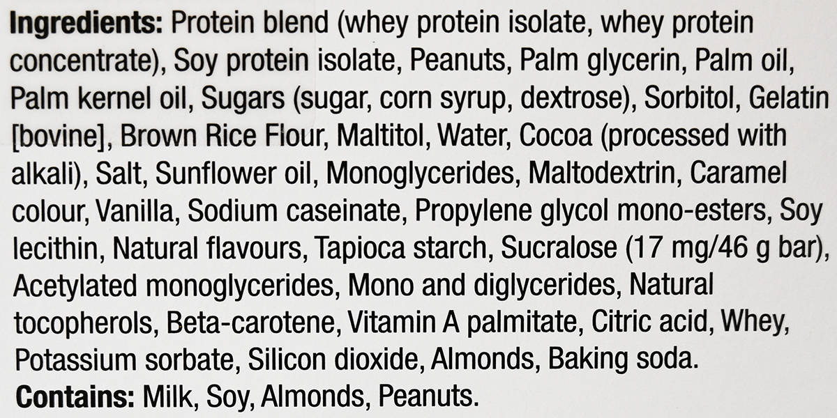 Image of the ingredients list for the protein bars.