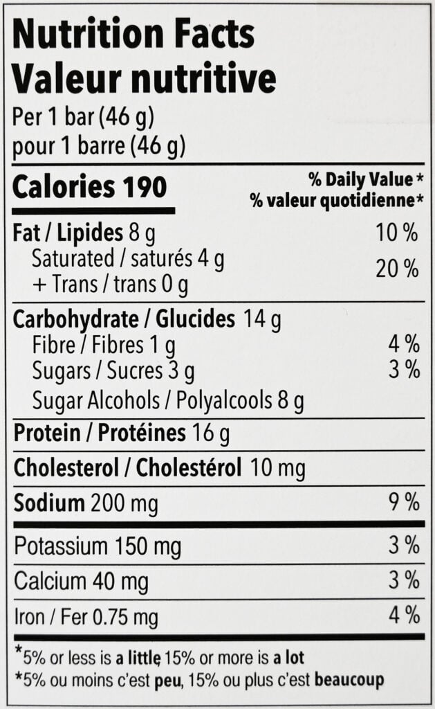 Image of the nutrition facts for the protein bars from the back of the box.