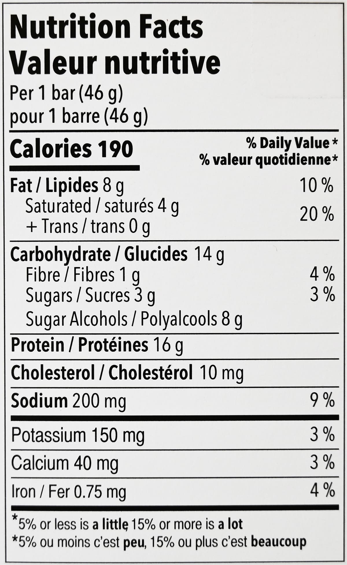 Image of the nutrition facts for the chocolate peanut butter protein bars from the back of the box.