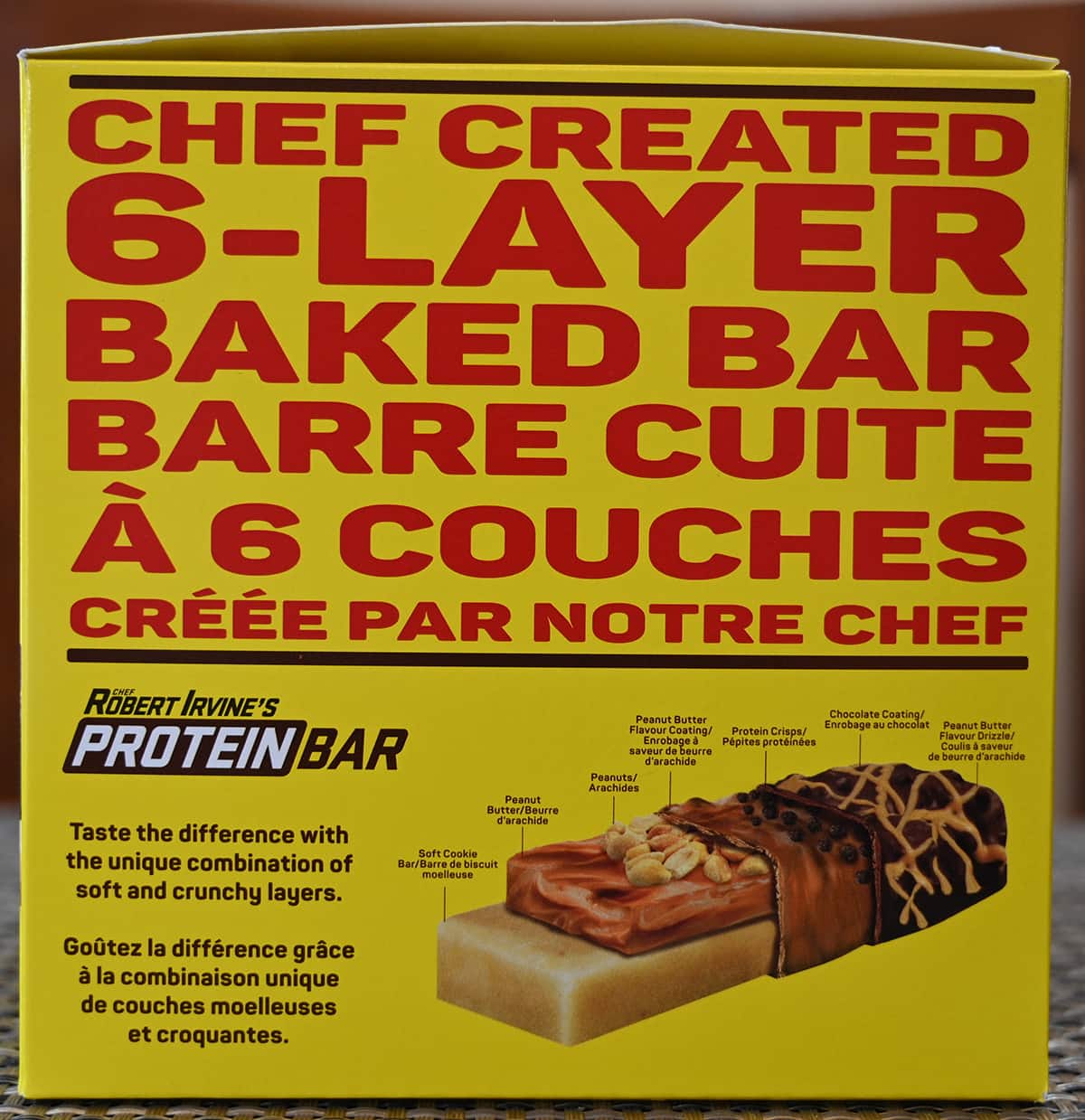 Image of the back of the box of the Robert Irvine's Protein Bars with the product description.