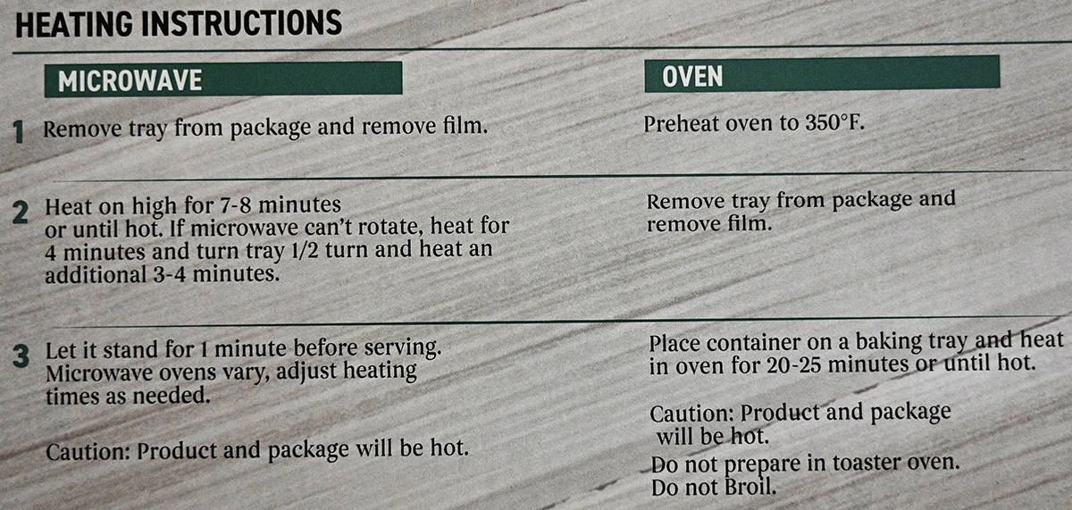 Image of the heating instructions for the scalloped potatoes from the package.