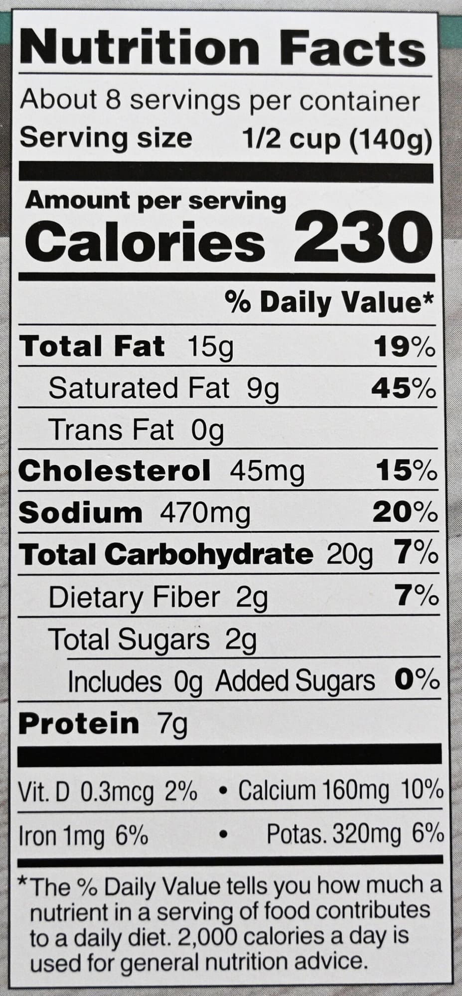 Image of the nutrition facts for the scalloped potatoes from the back of the package.