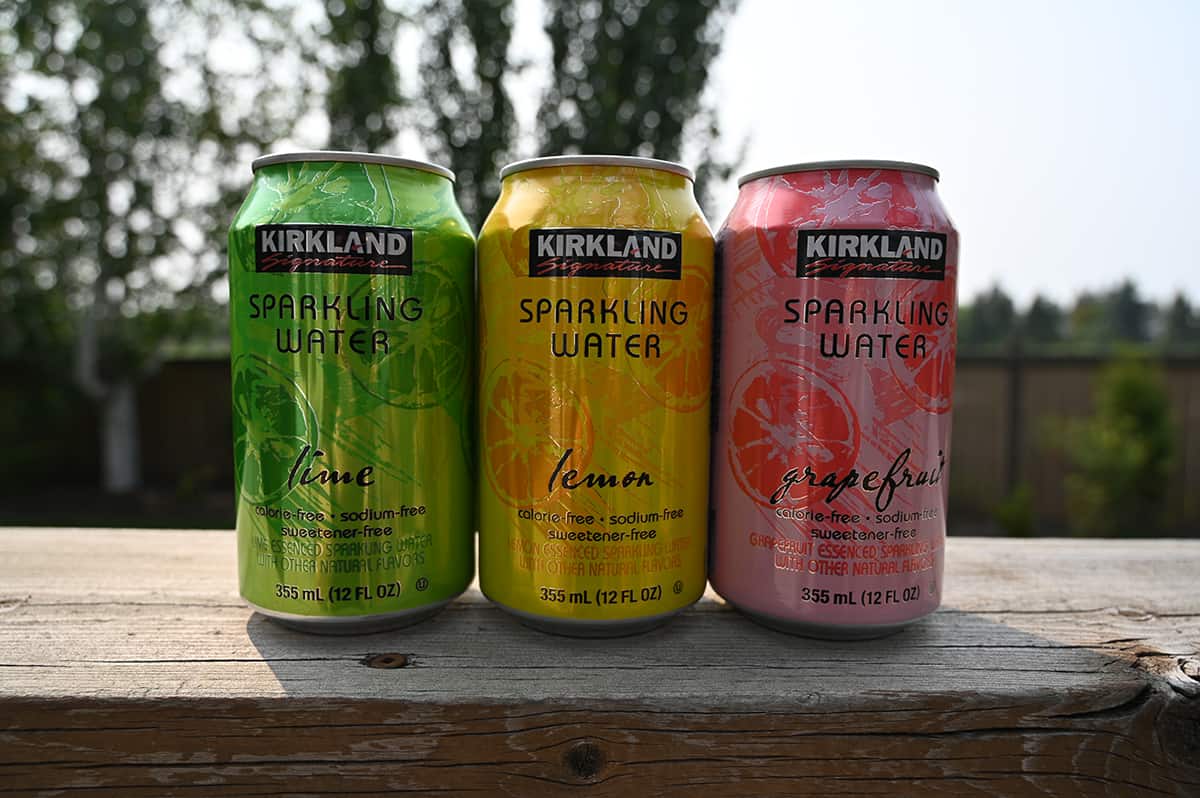 Image showing three different flavors of cans of sparkling water sitting ona  deck with trees in the background. There is lime, lemon and graprefruit.