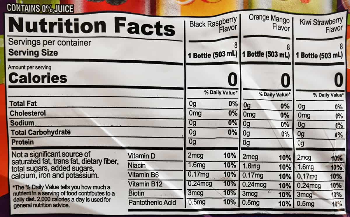 Image of the bottled sparkling water nutrition facts.