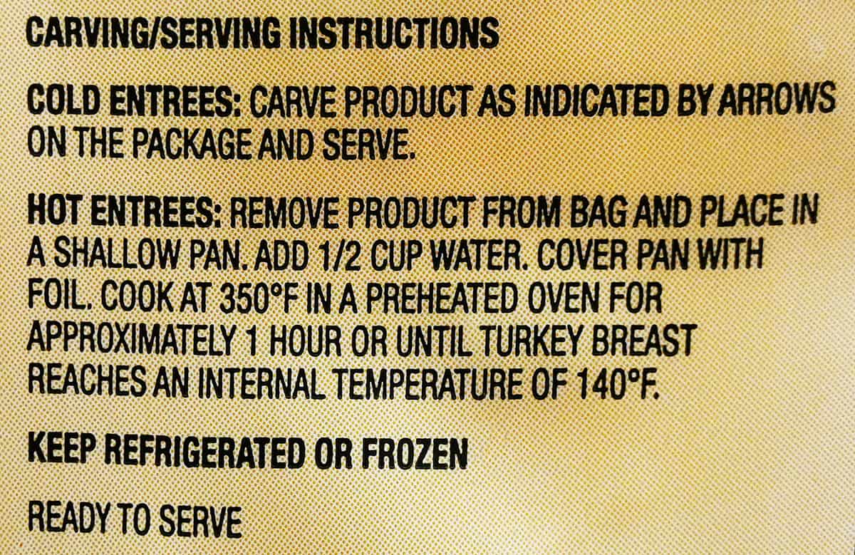 Image of the heating instructions for the turkey breast from the package.