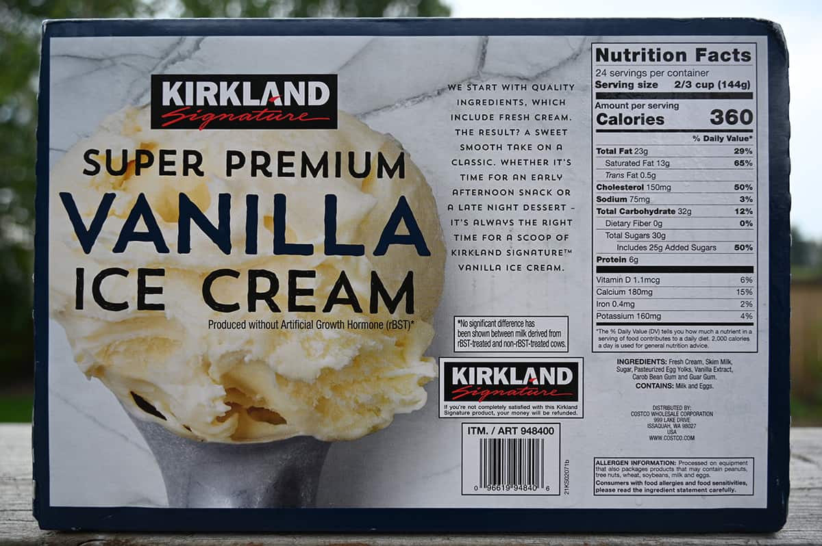Image of the back of the box of the Kirkland Signature Super Premium Vanilla Ice Cream showing product description, ingredients and nutrition facts.