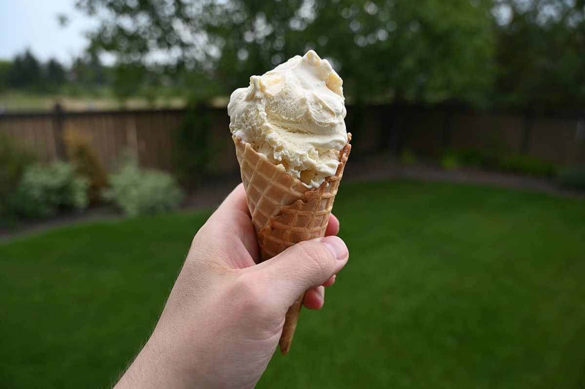 Image of a hand holding a vanilla ice cream cone with grass in the background