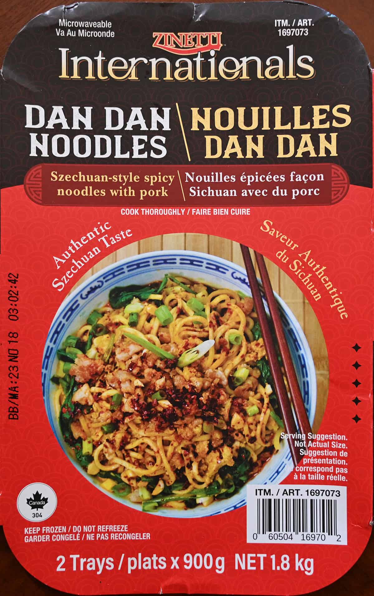 Closeup image of the front of the Zinetti International's Dan Dan Noodles front label.