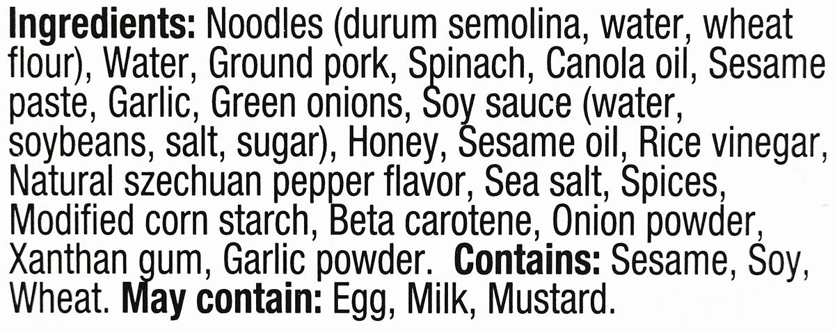 Image of the ingredients for the Dan Dan Noodles from the packaging.