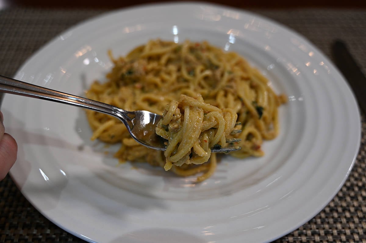 Closeup side view image of a fork with Dan Dan Noodles on it, in the background of the image is a white plate with noodles on it.