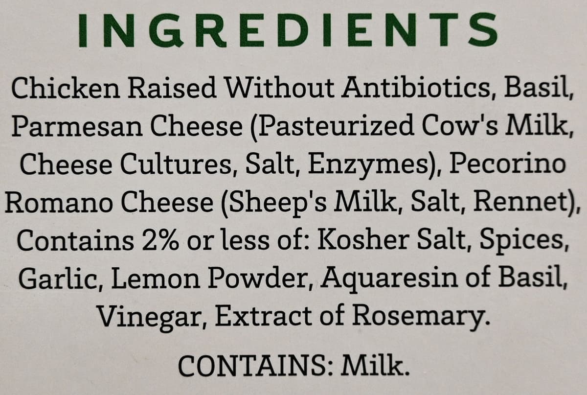 Image of the ingredients list for the meatballs from the back of the package.