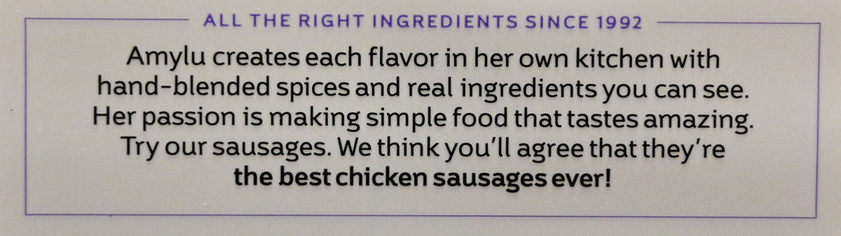 Closeup image of the product description for the andouille sausages from the back of the package.