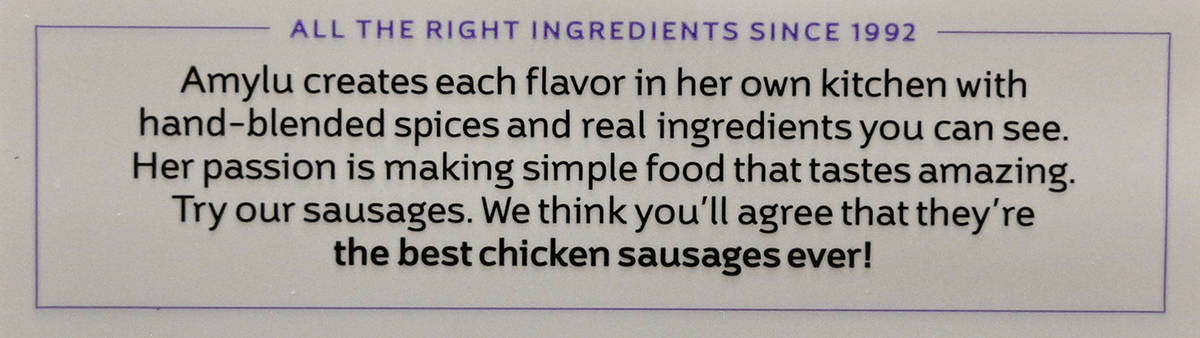 Closeup image of the product description for the andouille sausages from the back of the package.