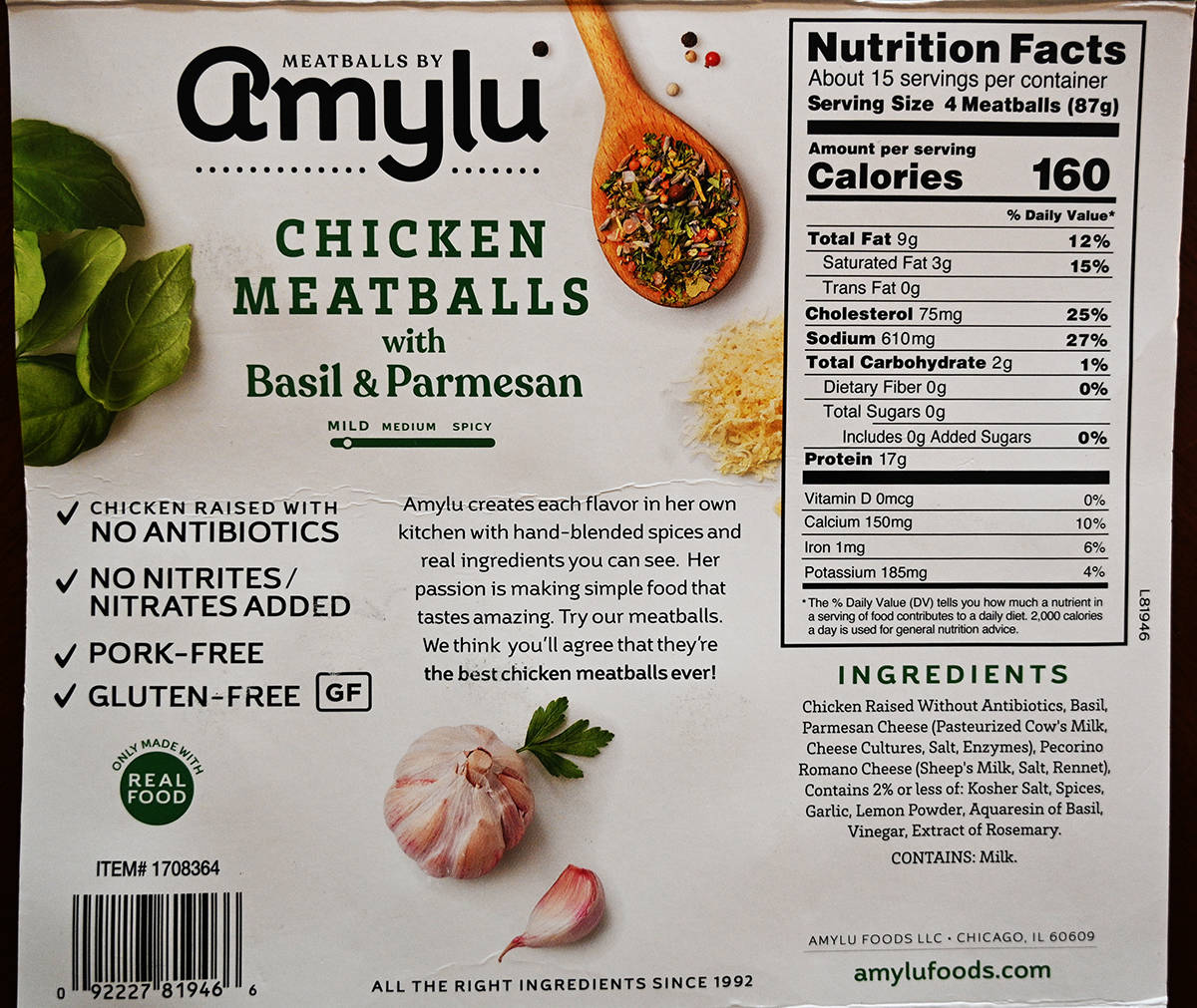 Image of the back of the box for the meatballs showing nutrition facts, ingredients and product description.