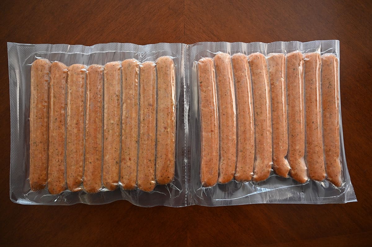 Top down image of the 16 andouille sausages in the plastic packaging.