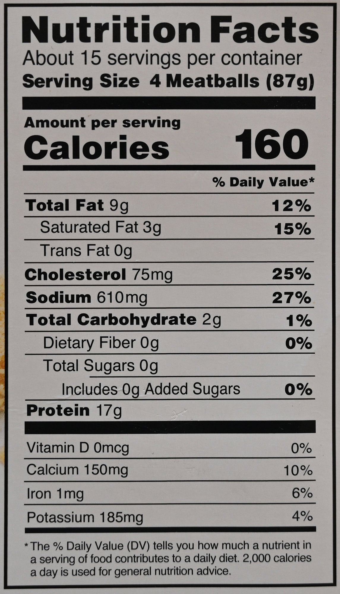 Image of the nutrition facts for the meatballs from the back of the package.