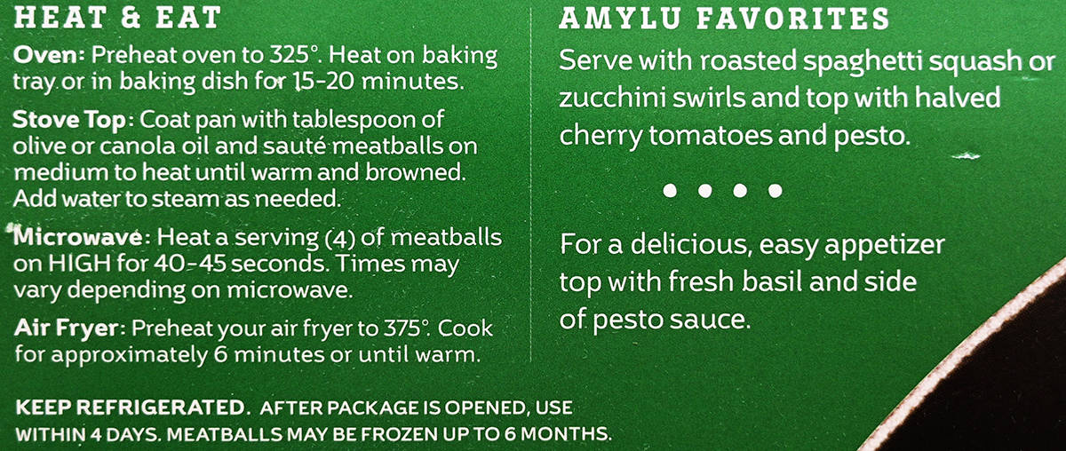 Image of the heating instructions for the meatballs from the back of the package. 