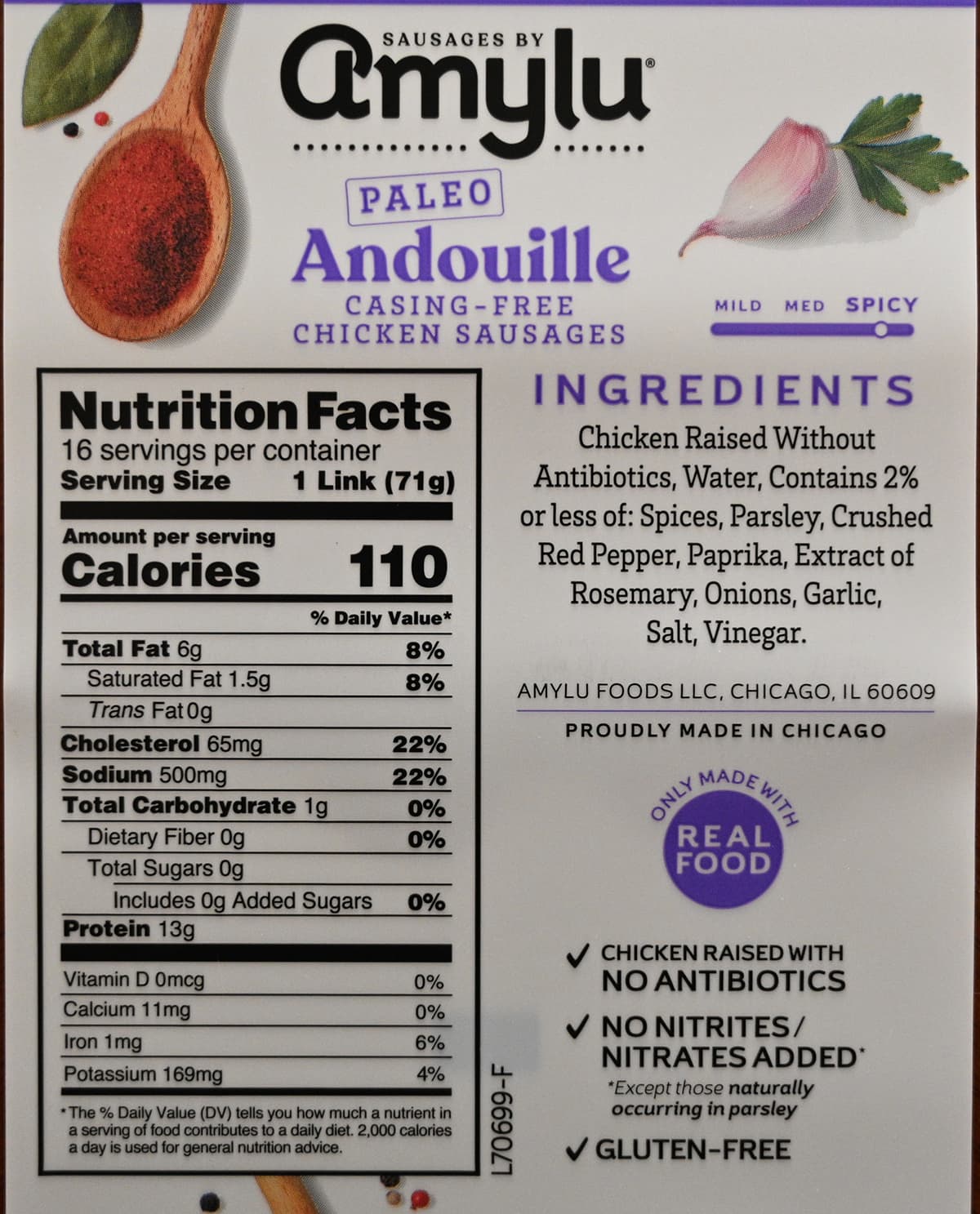 Image of the back of the package of the andouille sausages with nutrition facts, ingredients.