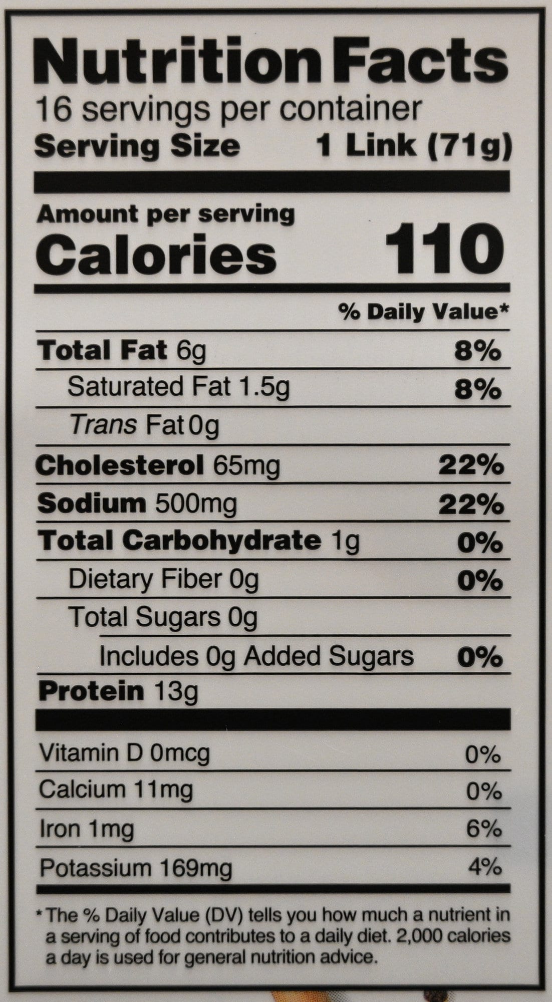 image of the nutrition facts for the andouille sausages from the back of the package.