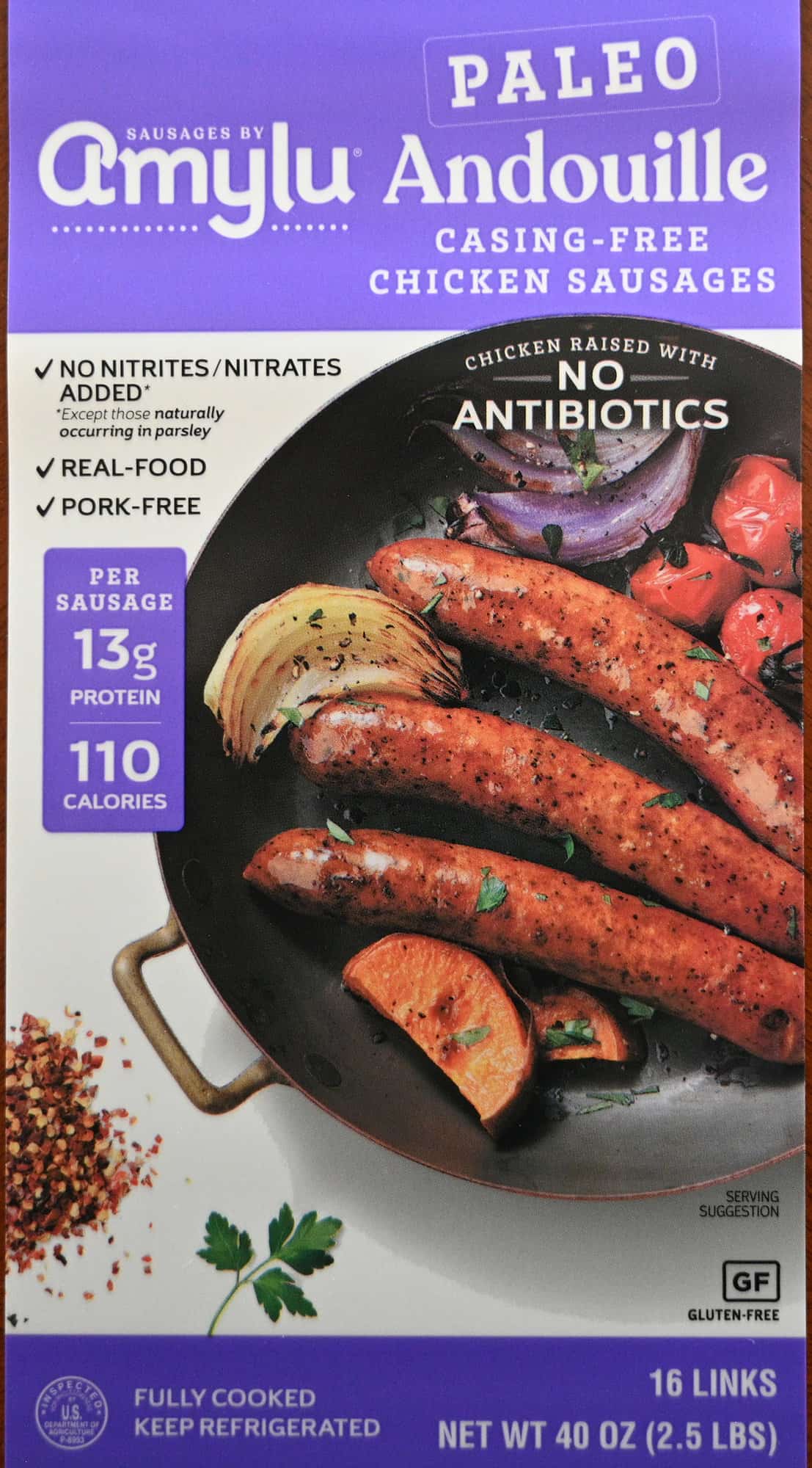 Closeup image of the andouille sausages label from the package showing that they're nitrate/nitrite free. 
