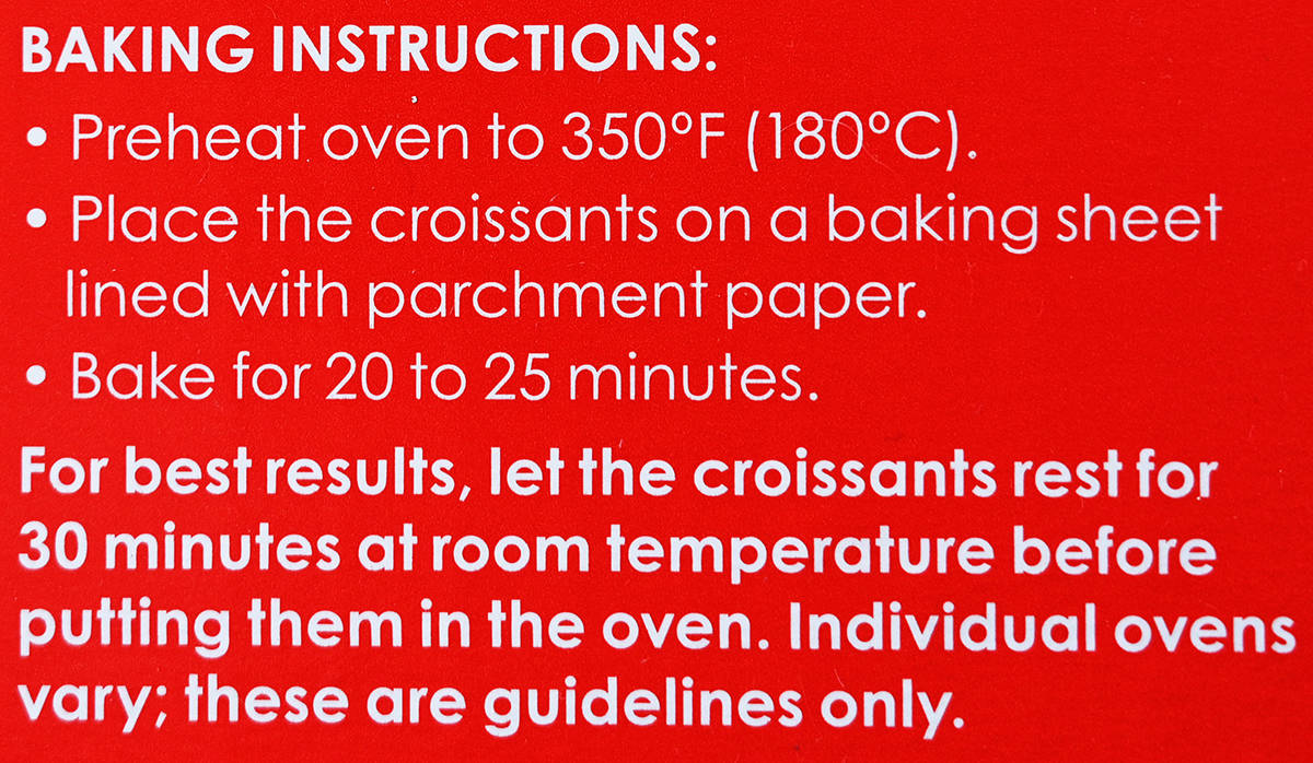 Image of the baking instructions for the croissants from the box.