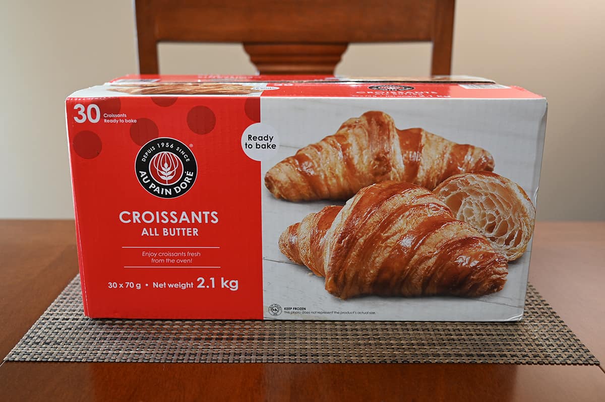 Image of the Costco Au Pain Dore Croissants box sitting on a table.